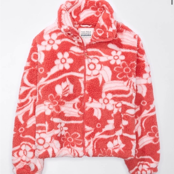 AE American Eagle Zip-Up Bear Hug Sherpa Jacket Pink Flowers XS oversized bomber - Picture 4 of 12